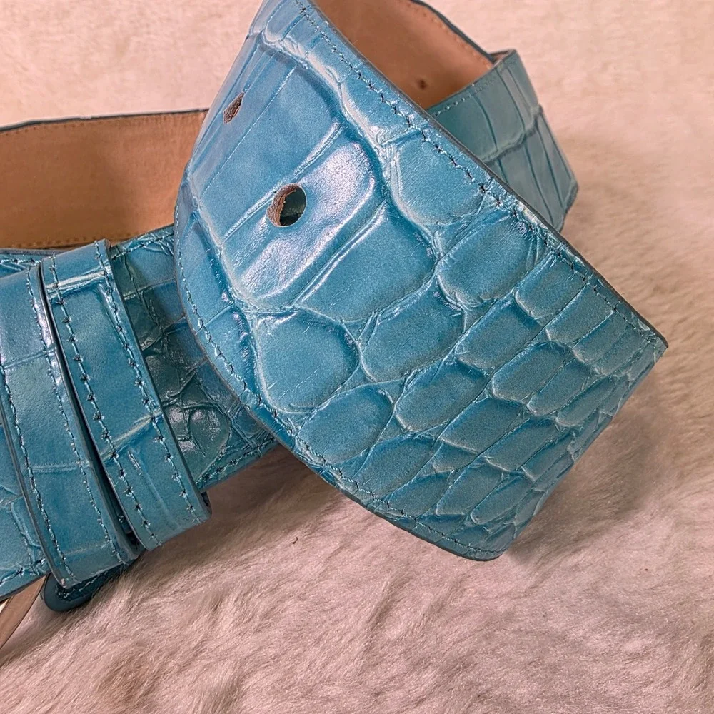 VTG 80s Suzanne Somers Waist Belt Blue Croco Embossed Leather Womens XL